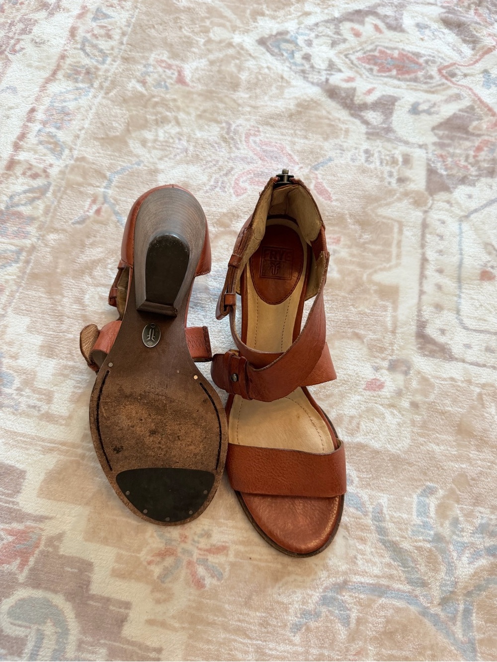 Frye Women’s Cognac Brown Leather Block Heel Sandals Size 7.5